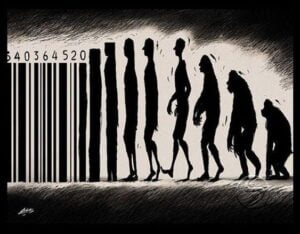 You are a human being. Isn't that so? image of man of evolving from ape to a barcode.