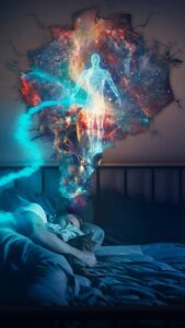 An elaborate and intricate game of cosmic awakenings. Image of person sleeping where you can see image of spirit travelling to other dimensions.