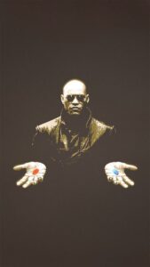 An image of Morpheus offering the choice of taking the blue or red pill. Used as image for the section entitled :We need to break free from the conceptualized matrix mindset.