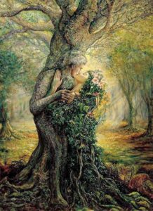 Image of a tree with a man melding with all in the middle. Man and woman in love are part of the tree. We are sensitive beings by nature.