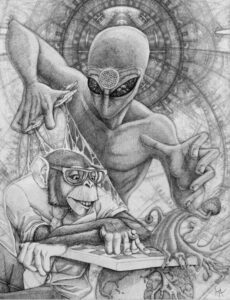 Image of a grey alien manipulating an intelligent monkey. Inorganic intelligence has been here from the onset of our known history.