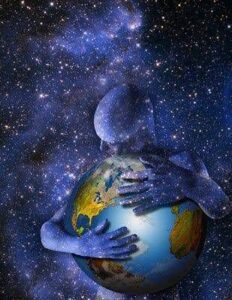 An illustration of a cosmic translucent human being hugging planet earth.