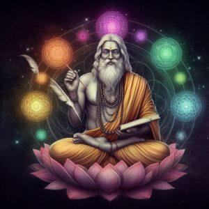 Illustration of Patanjali sitting on a lotus flower writing the Yoga Sutras. Divine Masculine