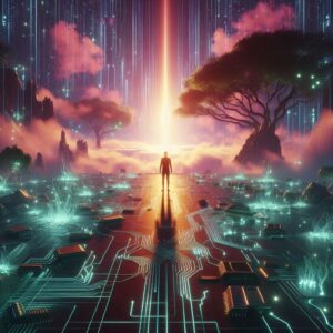 “A lone human standing at the edge of a digital grid, rejecting invasive technology, confronting artificial intelligence and transhumanism, with their digital doppelgänger present, symbolizing the exercise of human sovereignty.”